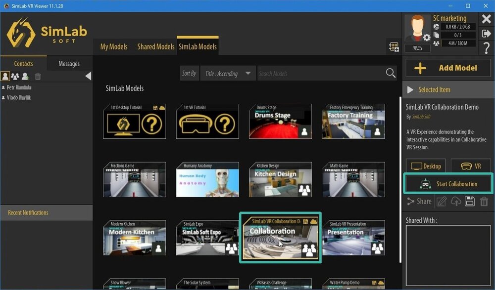 Na záložce SimLab Models vyberte soubor Collaboration a klikněte na volbu Start Collaboration.